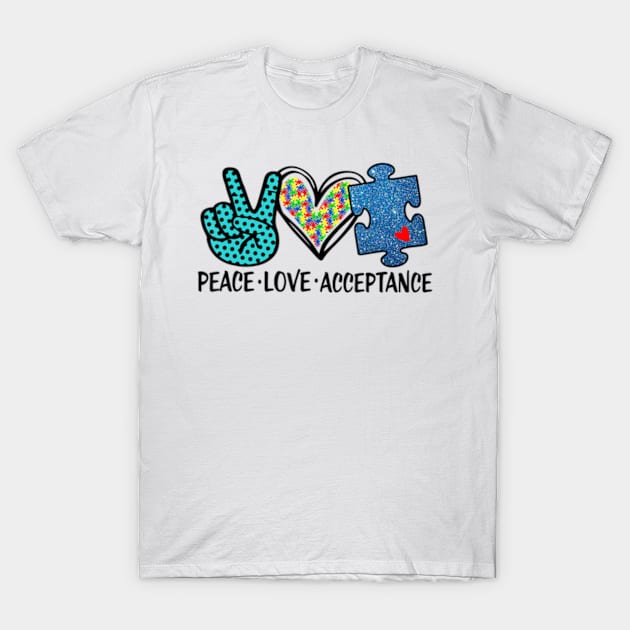 Peace Love Acceptance Autism Mental Health Awareness T-Shirt by StuSpenceart